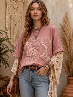 BlueVelvet M/L Celestial Sun & Moon Graphic Tee - Pink-Pink Short Sleeve Top